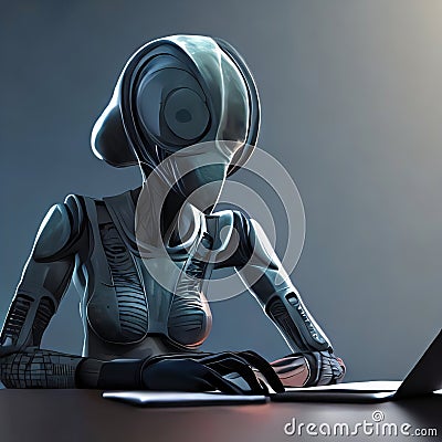 Futuristic alien hacker using laptop in outer space Stock Photo