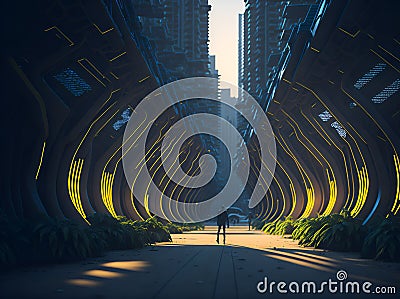 Futuristic alien street with neon lights - Image created with generative AI Cartoon Illustration
