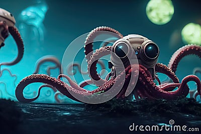 Futuristic aliens with tentacles. 3D illustration of science fiction space invaders galaxy monsters Cartoon Illustration