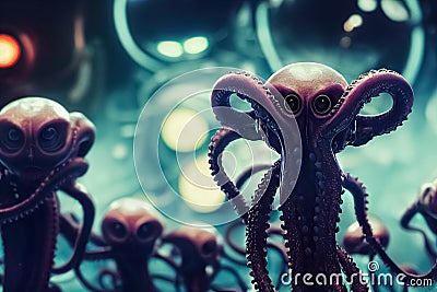 Futuristic aliens with tentacles. 3D illustration of science fiction space invaders galaxy monsters Stock Photo