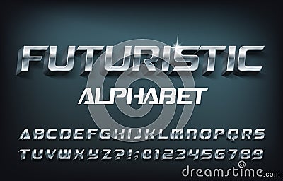 Futuristic alphabet font. 3D chrome letters and numbers with shadow. Vector Illustration