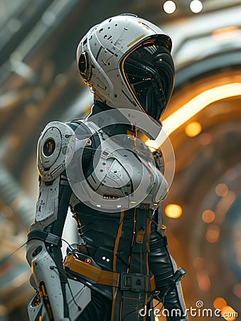 Futuristic Android Humanoid Robot in a Sci Fi Corridor, Advanced Artificial Intelligence Concept Stock Photo