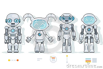 Futuristic android robot characters artificial intelligence information interface flat design icons set vector Vector Illustration