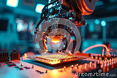Futuristic Android robot holding advanced processor chip, a concept of big data and AI Stock Photo