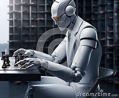 Futuristic android robot playing chess. Generative AI Stock Photo