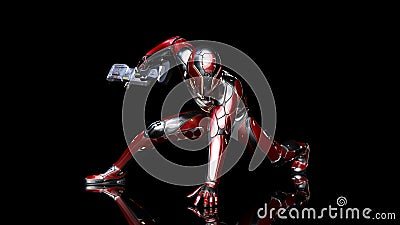 Futuristic android soldier in bulletproof armor, military cyborg armed with sci-fi rifle gun crouching on black background, 3D Stock Photo