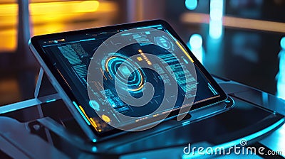 Futuristic app showcases real-time coding lessons with dynamic visuals on a tablet. Generative AI Stock Photo