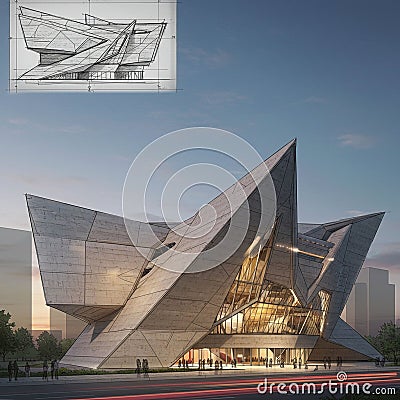Futuristic architectural design featuring an angular, geometrically complex structure Stock Photo