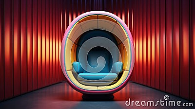 Futuristic armchair in oval capsule in empty dark room with red volumetric walls. Abstract interior with bright neon Stock Photo