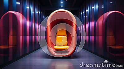 Futuristic armchair in oval orange capsule in empty violet room. Abstract interior with bright neon colors. 3D rendering Stock Photo