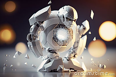 Futuristic army robot warrior made of white and gray metal. Stock Photo