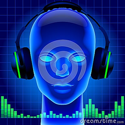 Futuristic artificial head in blue light with headphones and green graphic equalizer Vector Illustration