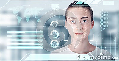 Futuristic Artificial Intelligence Biometric Facial Recognition, Personal AI Identify Face Scan With Smart Virtual Interface Stock Photo