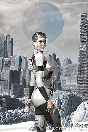 Futuristic astronaut girl on an alien planet Cartoon Illustration