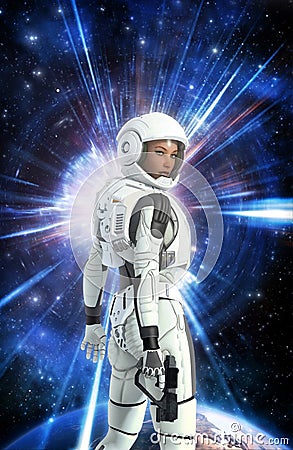 Futuristic astronaut girl in space suit and planet Cartoon Illustration