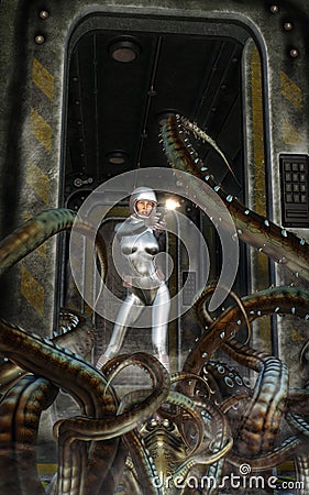 Futuristic astronaut girl with spaceship and alien monster Cartoon Illustration