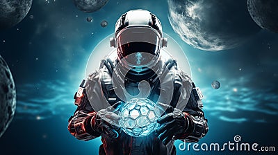 Futuristic astronaut holding cosmic glowing energy sphere with multiple moons and nebulous backdrop, symbolizing cosmic Stock Photo