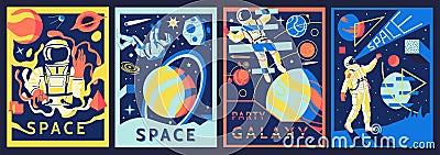 Futuristic astronaut posters. Cosmonaut in outer space. Abstract banners set with psychedelic shapes and universe Vector Illustration