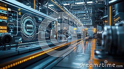 Futuristic automated factory interior with advanced robotics and digital interfaces Stock Photo