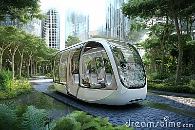 Futuristic autonomous bus navigating a smart urban environment with greenery. Generative AI Stock Photo
