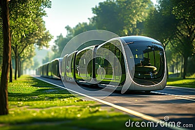 Futuristic autonomous electric public transport on a road of a green eco city. Smart vehicle concept Stock Photo