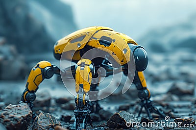 Futuristic Autonomous Robot Exploring Stony Terrain in Misty Environment, High Tech Machinery Concept, Science and Technology Stock Photo