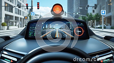Futuristic Autonomous Vehicle Dashboard with Advanced Navigation and Traffic Monitoring System Stock Photo