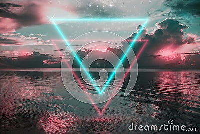 Futuristic background, calm night sea, portal emerging from the water or neon frame Stock Photo