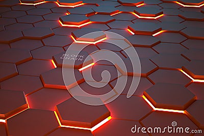 Futuristic background consisting of flaming hexagons arranged on a plane Cartoon Illustration