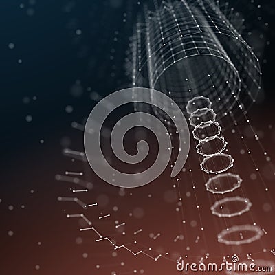 Futuristic Background. 3d Render Illustration. Abstract architecture.Space construction. Dark sci-fi backdrop. Dots and Stock Photo