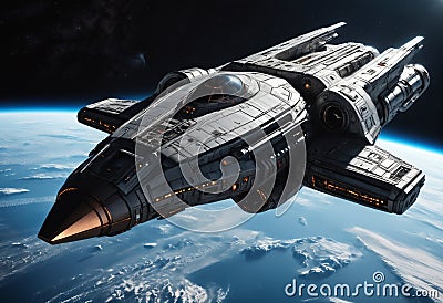 Futuristic battle spaceship in space. Generative AI Stock Photo