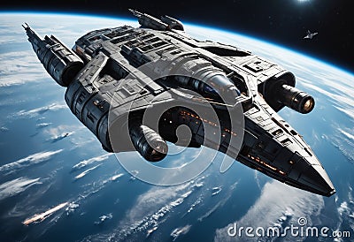 Futuristic battle spaceship in space. Generative AI Stock Photo