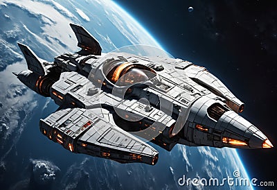 Futuristic battle spaceship in space. Generative AI Stock Photo