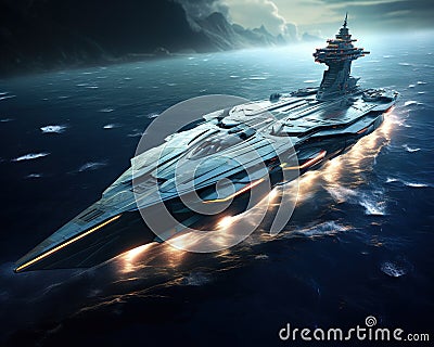 Futuristic battleship going through the water Stock Photo