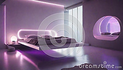 A futuristic bedroom with neon strips on the ceiling, casting a sci-fi Stock Photo