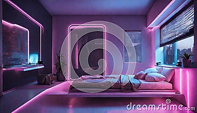 A futuristic bedroom with neon strips on the ceiling, casting a sci-fi Stock Photo