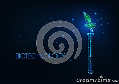 Futuristic biotechnology concept with glowing low polygonal green plant sprout in test tube. Vector Illustration