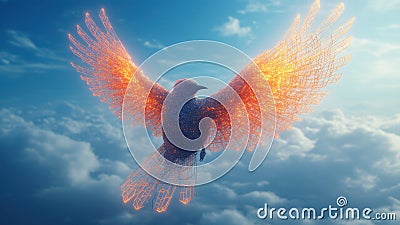 Futuristic bird with wings made of glowing algorithmic graphs and formulas soars through the sky, symbolizing the Stock Photo