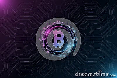 Futuristic Bitcoin digital currency. Big CPU data. Concept of cryptocurrency mining. Hi-tech design blockchain for graphic design Vector Illustration