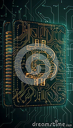 Futuristic Bitcoin Wallet Concept with Digital Circuitry Background Representing Cryptocurrency Security and Blockchain Technology Stock Photo