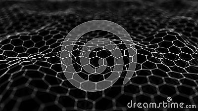 Futuristic black hexagon background. Futuristic honeycomb concept. Wave of particles. 3D rendering Stock Photo