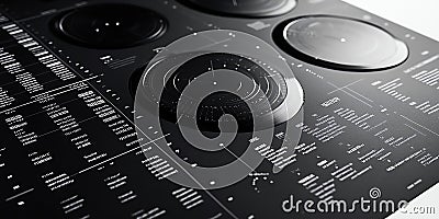 Futuristic black interface with circular buttons and a grid of white text Stock Photo