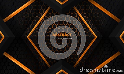 Futuristic black and orange abstract gaming banner with hexagon carbon fiber grid and black triangles. Vector Illustration