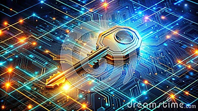 Futuristic Blockchain Key Illustration: A Visual Representation of Post-Quantum Cryptography's Role in Secure Cartoon Illustration