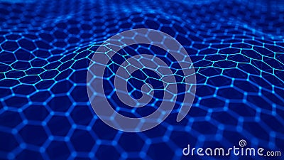 Futuristic blue hexagon background. Futuristic honeycomb concept. Wave of particles. 3D rendering Stock Photo
