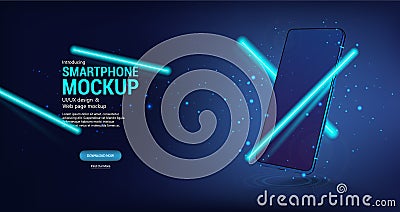 Futuristic blue Mobile Phone Mockup with Neon Lines Vector Illustration