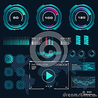 Futuristic blue virtual graphic touch user interface, Music interface, tracks, volume controls Cartoon Illustration