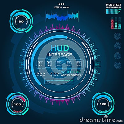 Futuristic blue virtual graphic touch user interface, Music interface, tracks, volume controls Cartoon Illustration