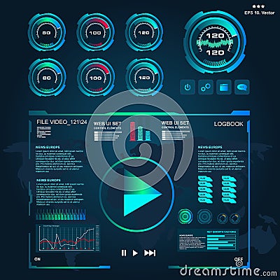 Futuristic blue virtual graphic touch user interface, Music interface, tracks, volume controls Cartoon Illustration