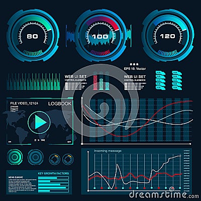 Futuristic blue virtual graphic touch user interface, Music interface, tracks, volume controls Cartoon Illustration